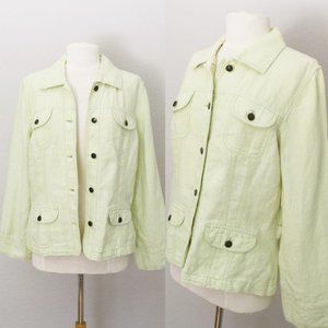 J. Jill 100% Linen Women's Relaxed Fit Cargo Pockets Jacket Washed Lime Green M
